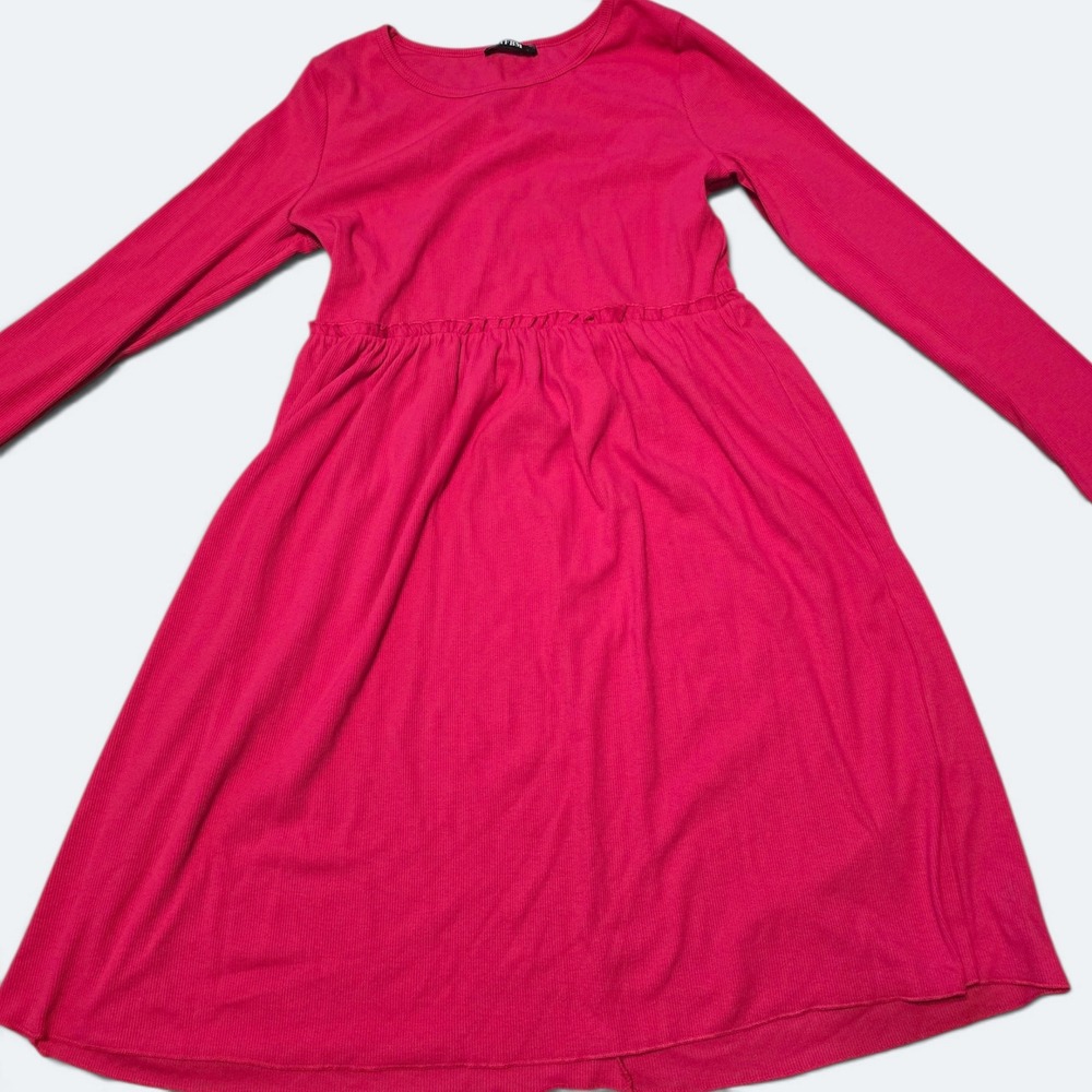 BTFBM Hot Pink Ribbed Knit Long Sleeve Babydoll Mini Dress Womens Large NWT